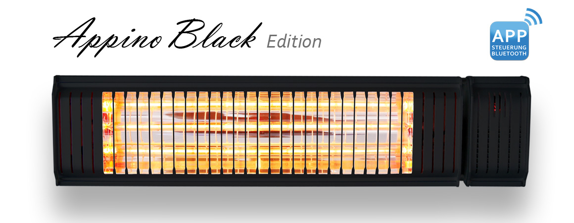 Der schwarz designte Infrarotstrahler Appino 20 Black Edition von VASNER. Mit App Steuerung.